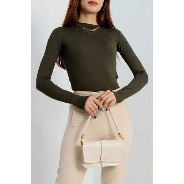 Dik Yaka Parmak Geçmeli Viskon Body Haki - 40076.599.
