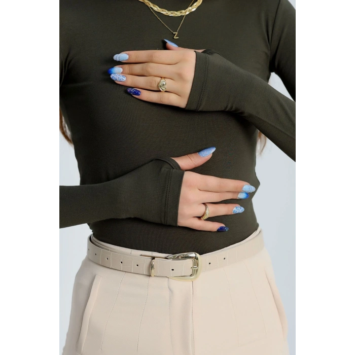 Dik Yaka Parmak Geçmeli Viskon Body Haki - 40076.599.