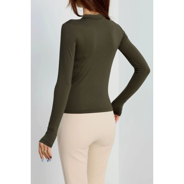 Dik Yaka Parmak Geçmeli Viskon Body Haki - 40076.599.