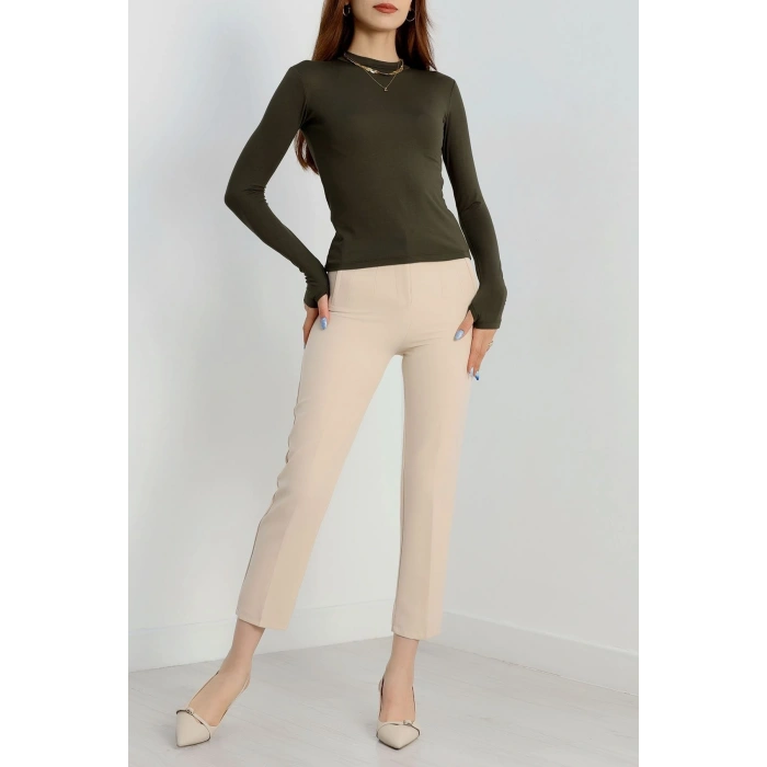 Dik Yaka Parmak Geçmeli Viskon Body Haki - 40076.599.