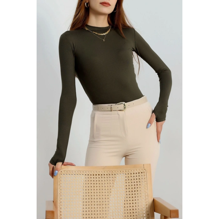 Dik Yaka Parmak Geçmeli Viskon Body Haki - 40076.599.