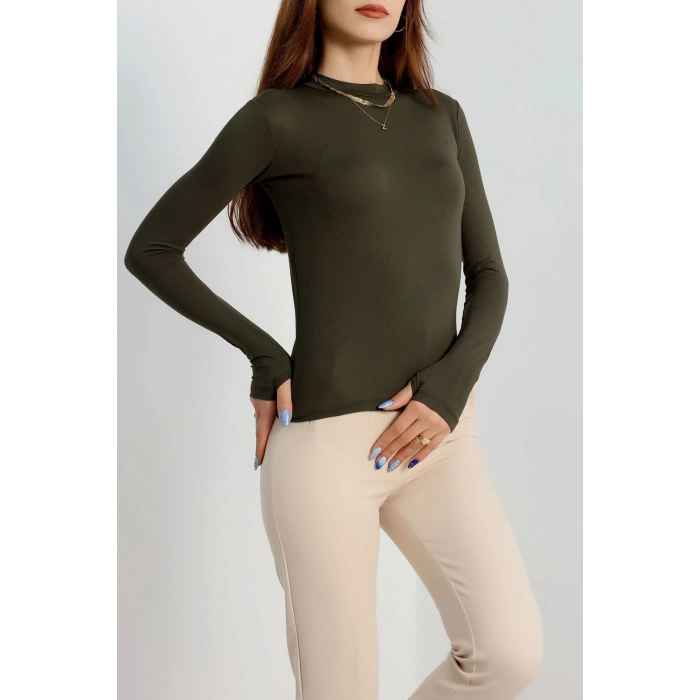 Dik Yaka Parmak Geçmeli Viskon Body Haki - 40076.599.