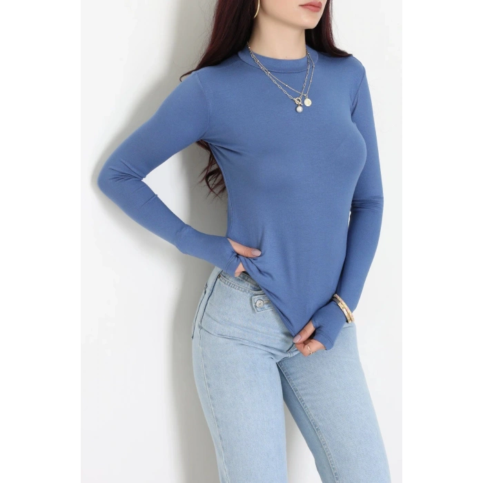 Dik Yaka Parmak Geçmeli Viskon Body İndigo - 40076.599.