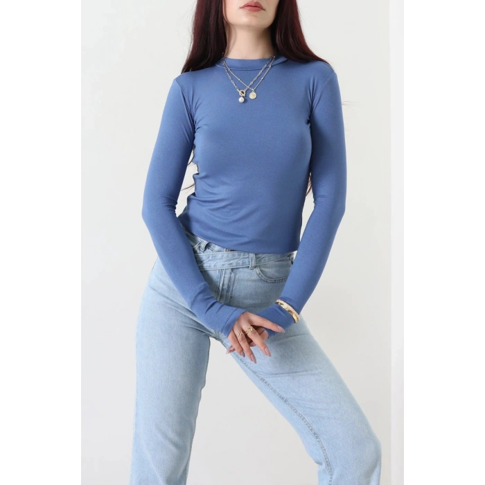 Dik Yaka Parmak Geçmeli Viskon Body İndigo - 40076.599.