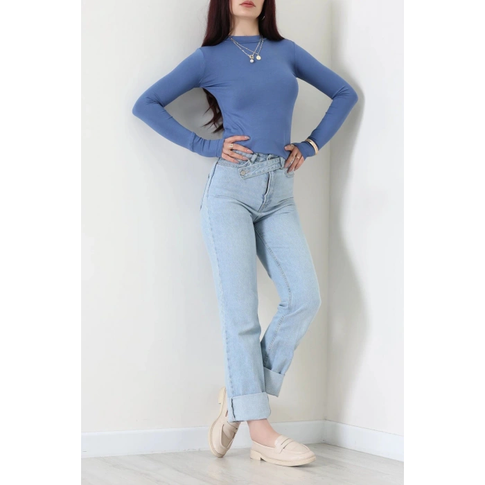 Dik Yaka Parmak Geçmeli Viskon Body İndigo - 40076.599.