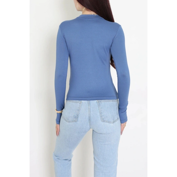 Dik Yaka Parmak Geçmeli Viskon Body İndigo - 40076.599.