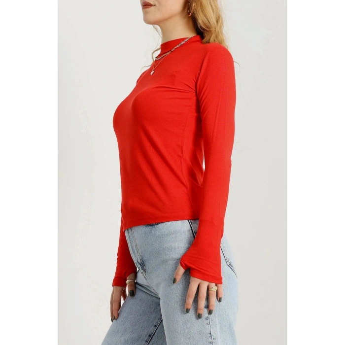 Dik Yaka Parmak Geçmeli Viskon Body Kırmızı - 40076.599.