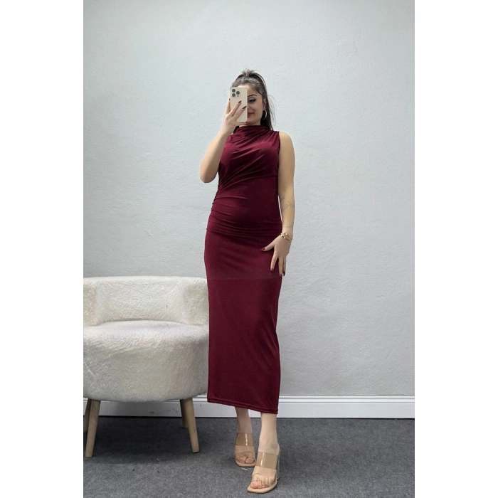 Dik Yaka Sandy Kumaş Elbise Bordo - 70831.1949.