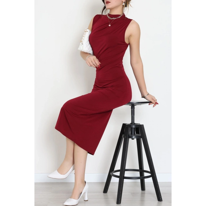 Dik Yaka Sandy Kumaş Elbise Bordo - 70831.1949.