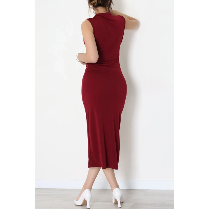 Dik Yaka Sandy Kumaş Elbise Bordo - 70831.1949.