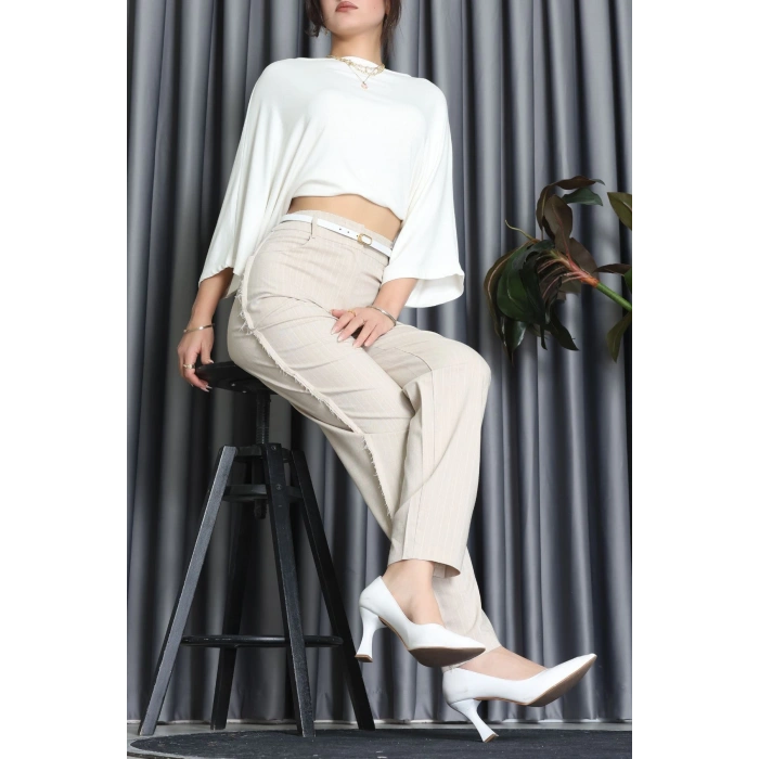 Dikiş Detay Çizgili Pantolon Bej - 31156.444.