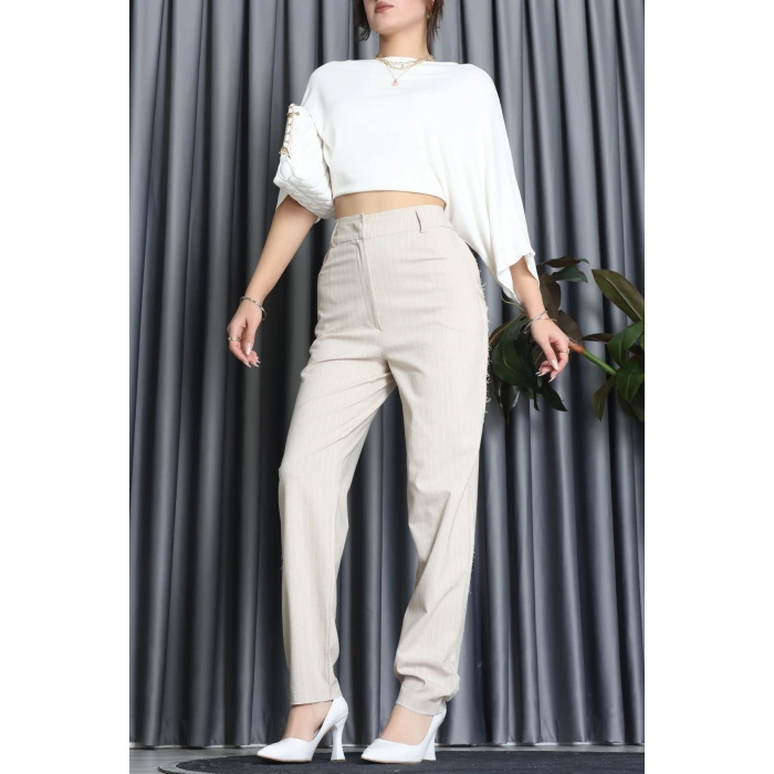 Dikiş Detay Çizgili Pantolon Bej - 31156.444.