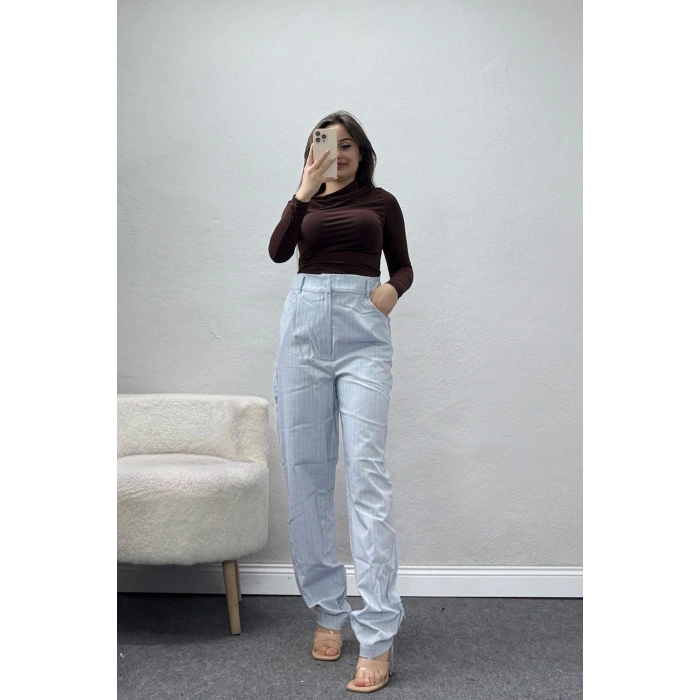 Dikiş Detay Çizgili Pantolon Mavi - 31156.444.