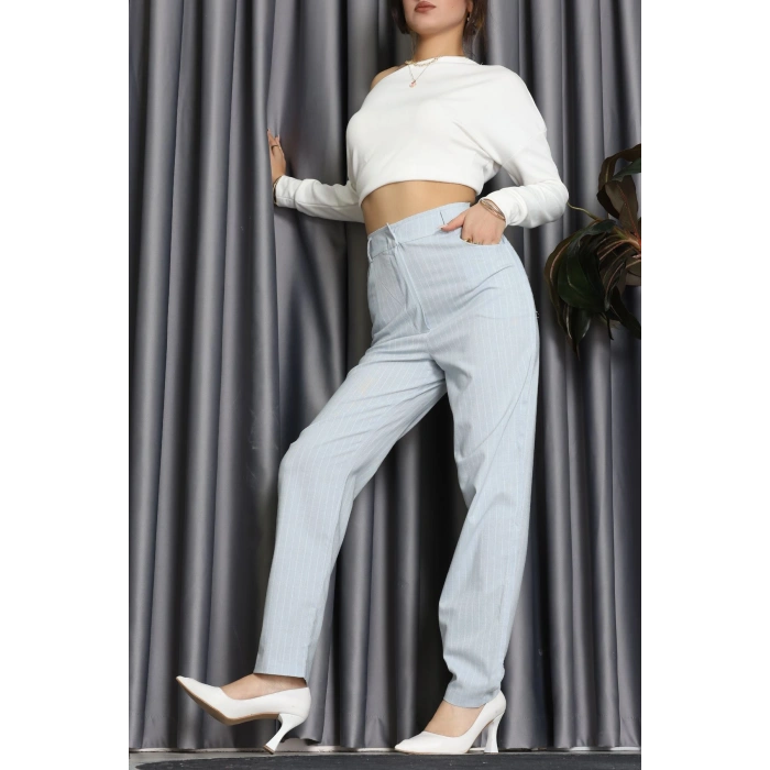 Dikiş Detay Çizgili Pantolon Mavi - 31156.444.