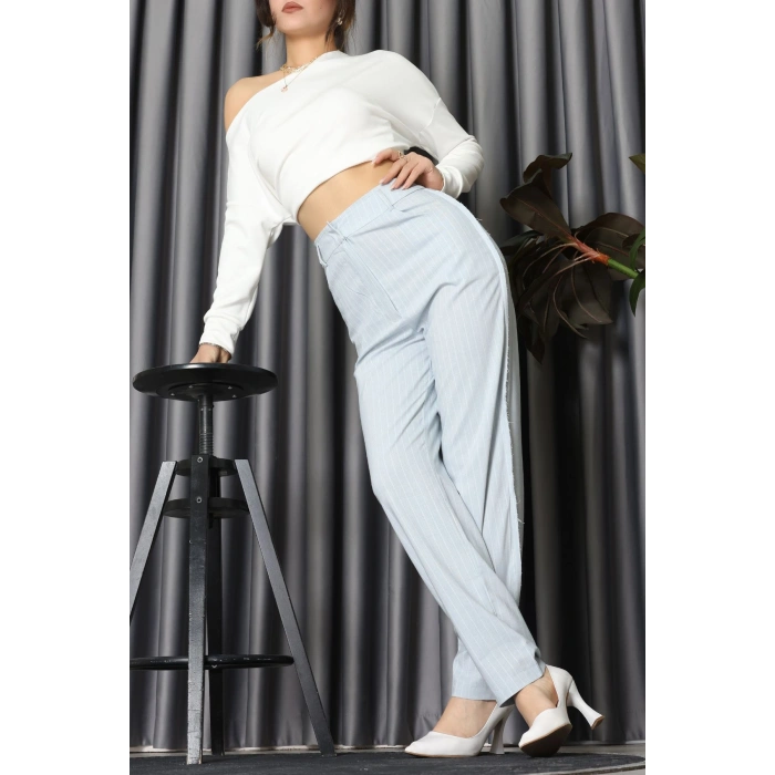 Dikiş Detay Çizgili Pantolon Mavi - 31156.444.