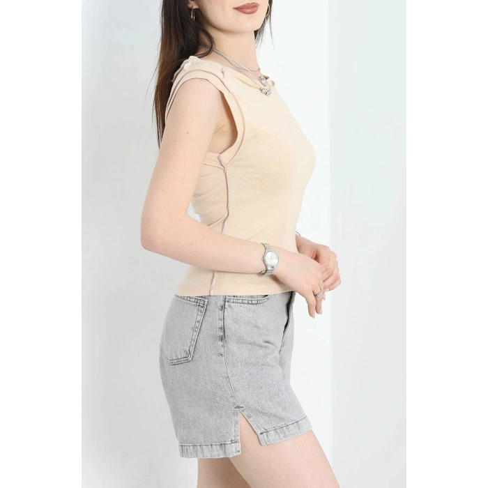 Dikiş Detay Sıfır Kol Bluz Bej - 40784.1723.