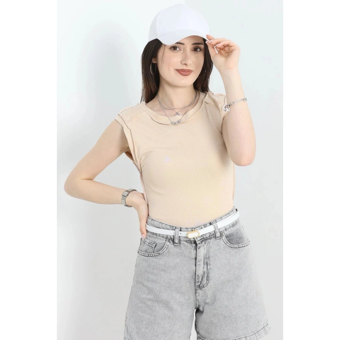Dikiş Detay Sıfır Kol Bluz Bej - 40784.1723.