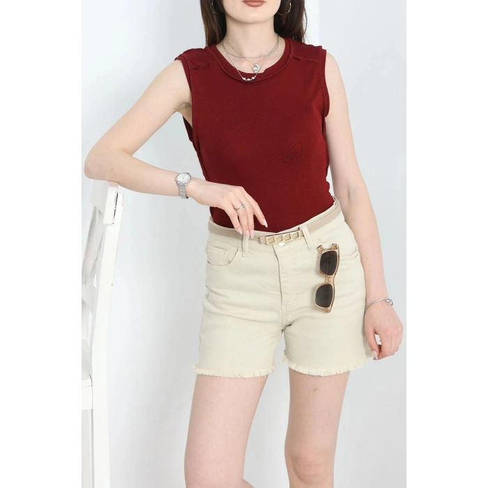 Dikiş Detay Sıfır Kol Bluz Bordo - 40784.1723.