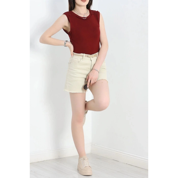 Dikiş Detay Sıfır Kol Bluz Bordo - 40784.1723.