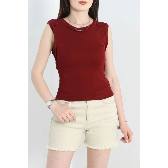 Dikiş Detay Sıfır Kol Bluz Bordo - 40784.1723.