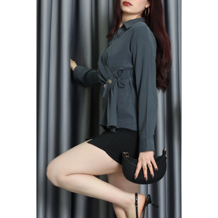 Diogenal Tensel Asimetrik Bağlamalı Bluz Antrasit - 70996.1934.