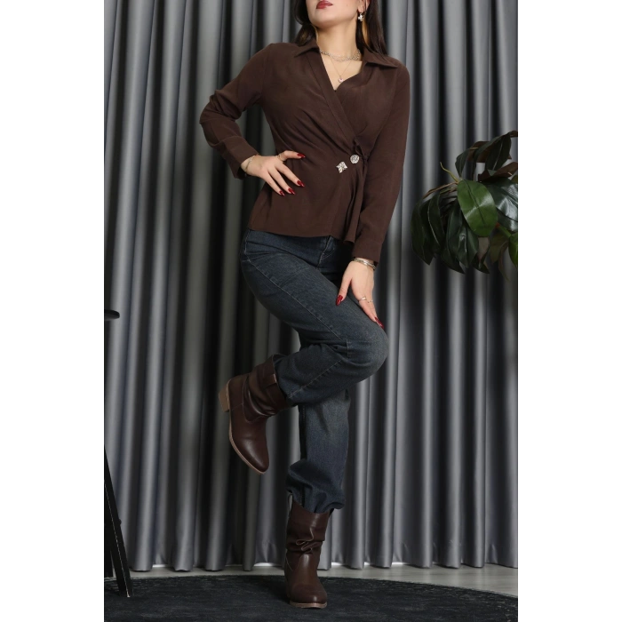 Diogenal Tensel Asimetrik Bağlamalı Bluz Kahve - 70996.1934.