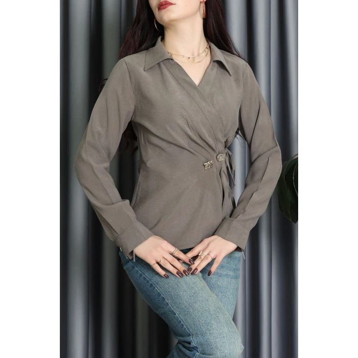 Diogenal Tensel Asimetrik Bağlamalı Bluz Vizon - 70996.1934.