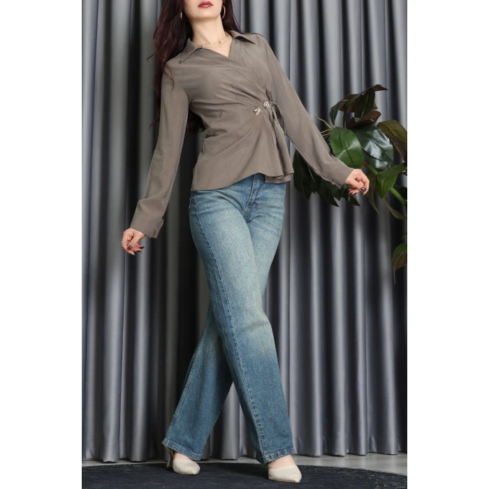 Diogenal Tensel Asimetrik Bağlamalı Bluz Vizon - 70996.1934.