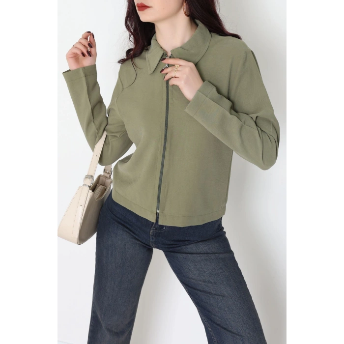 Dokuma Modal Fermuarlı Polo Yaka Ceket Gömlek Haki - 51237.1837.