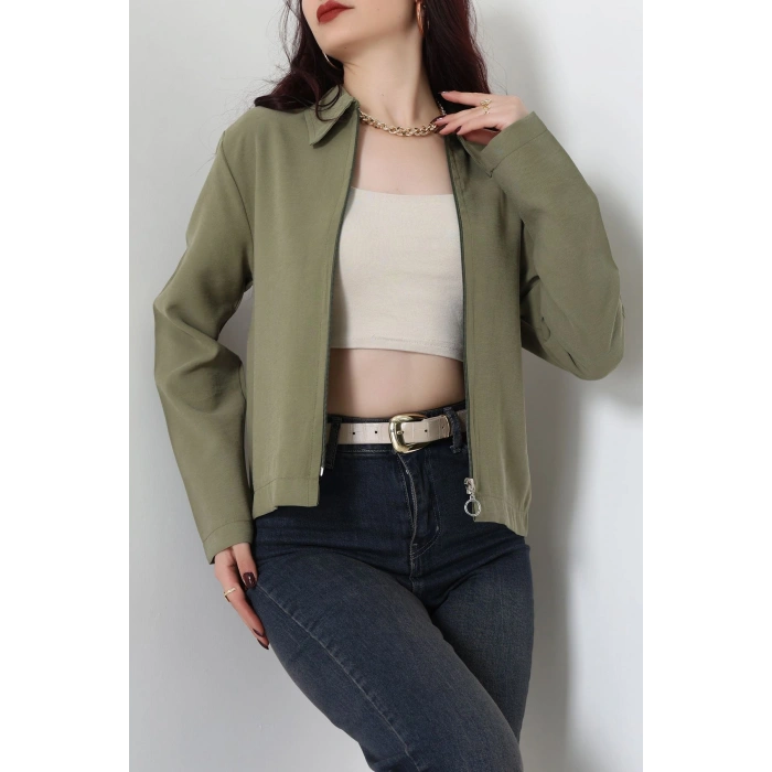 Dokuma Modal Fermuarlı Polo Yaka Ceket Gömlek Haki - 51237.1837.