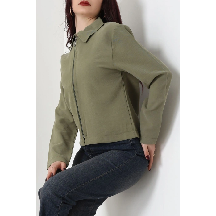 Dokuma Modal Fermuarlı Polo Yaka Ceket Gömlek Haki - 51237.1837.