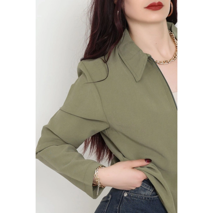 Dokuma Modal Fermuarlı Polo Yaka Ceket Gömlek Haki - 51237.1837.