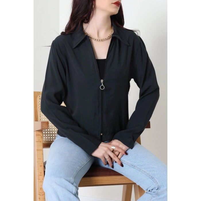 Dokuma Modal Fermuarlı Polo Yaka Ceket Gömlek Siyah - 51237.1837.