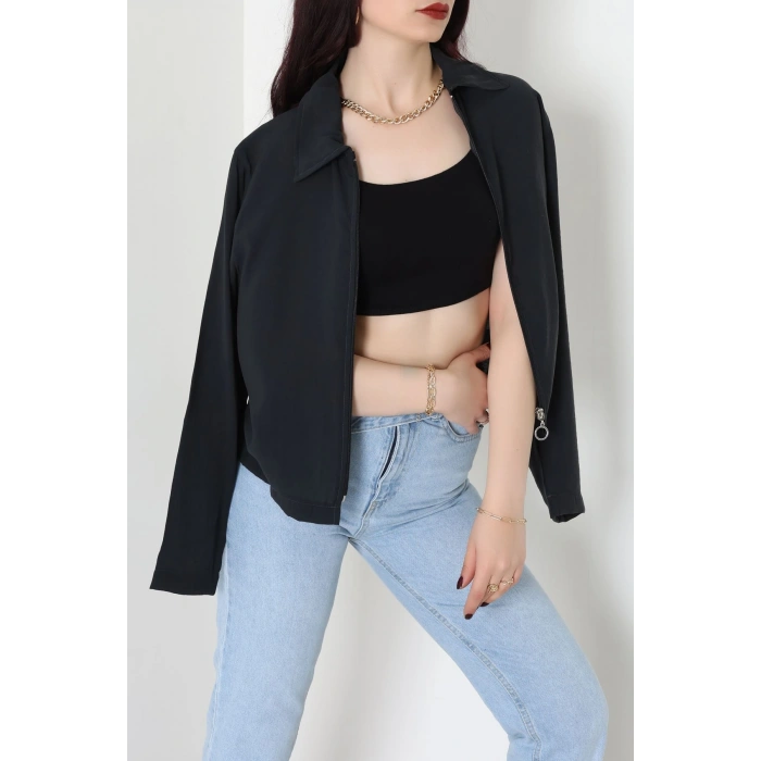 Dokuma Modal Fermuarlı Polo Yaka Ceket Gömlek Siyah - 51237.1837.