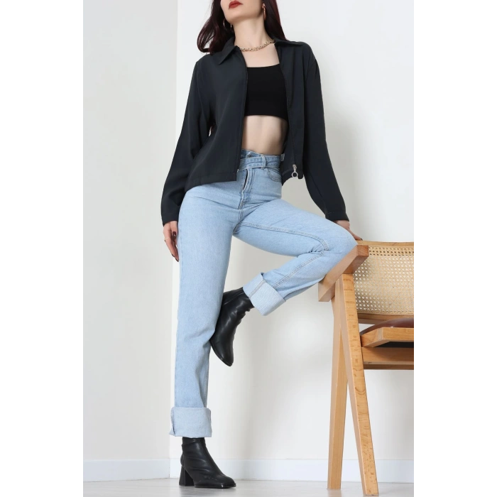 Dokuma Modal Fermuarlı Polo Yaka Ceket Gömlek Siyah - 51237.1837.