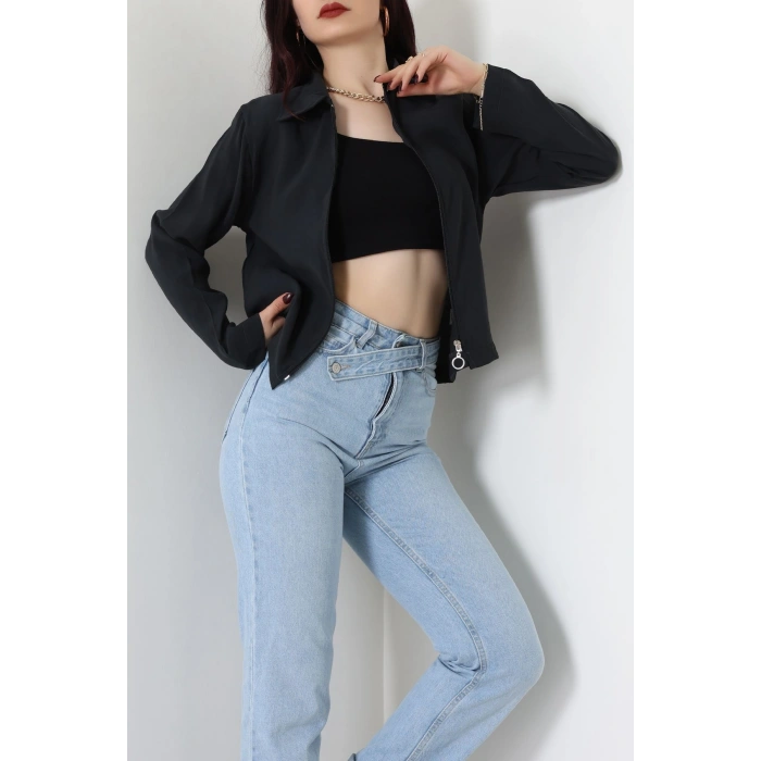 Dokuma Modal Fermuarlı Polo Yaka Ceket Gömlek Siyah - 51237.1837.