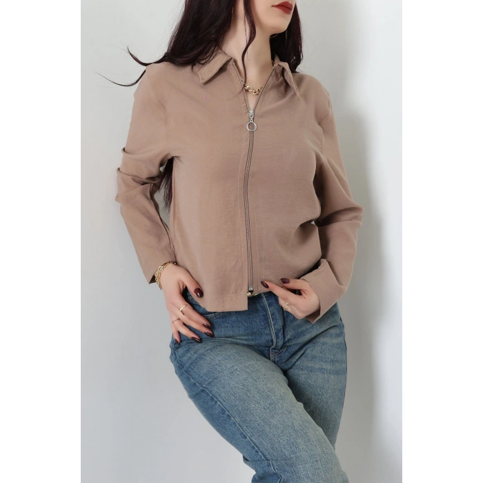 Dokuma Modal Fermuarlı Polo Yaka Ceket Gömlek Sütlükahve - 51237.1837.