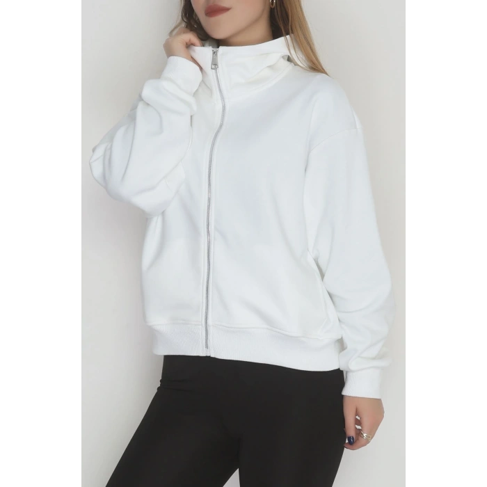 Double Face Kumaş Fermuarlı Kapşonlu Sweat Ekru - 42677.1437.