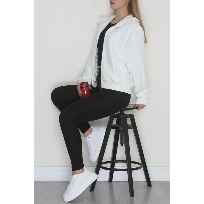 Double Face Kumaş Fermuarlı Kapşonlu Sweat Ekru - 42677.1437.