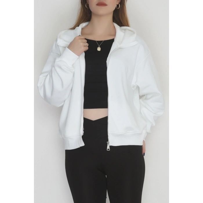 Double Face Kumaş Fermuarlı Kapşonlu Sweat Ekru - 42677.1437.