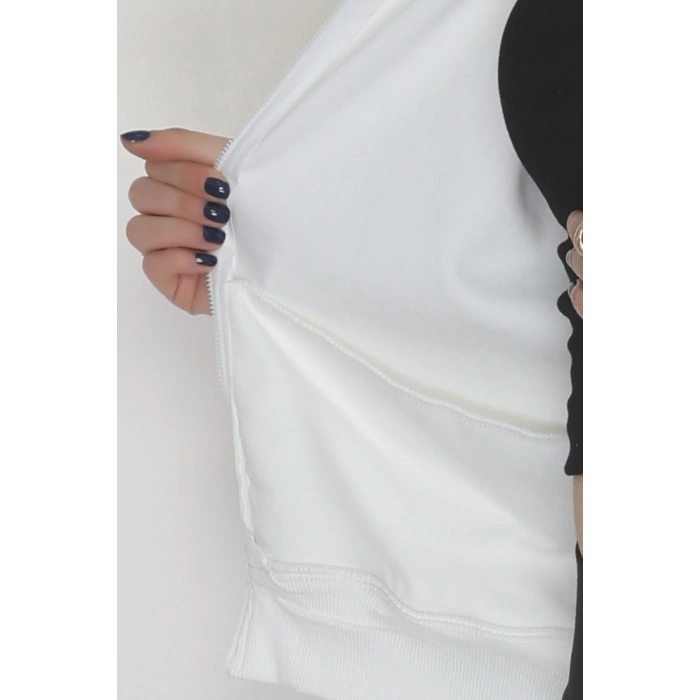 Double Face Kumaş Fermuarlı Kapşonlu Sweat Ekru - 42677.1437.