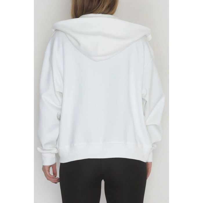 Double Face Kumaş Fermuarlı Kapşonlu Sweat Ekru - 42677.1437.