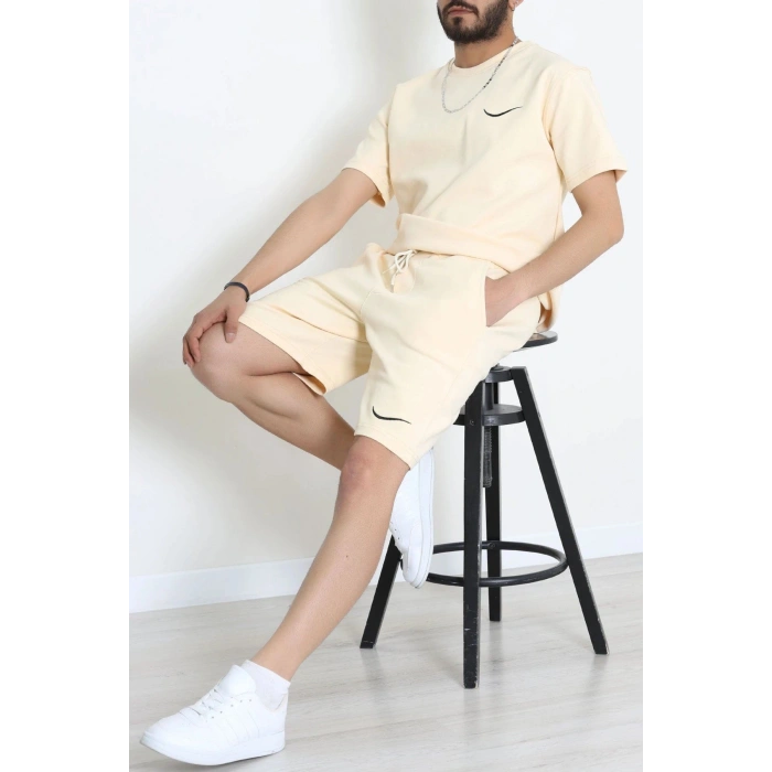 Double Face Özel Kumaş Oversize Erkek Şortlu Takım Bej - 80900.1837.
