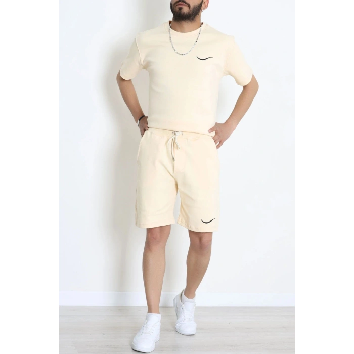 Double Face Özel Kumaş Oversize Erkek Şortlu Takım Bej - 80900.1837.