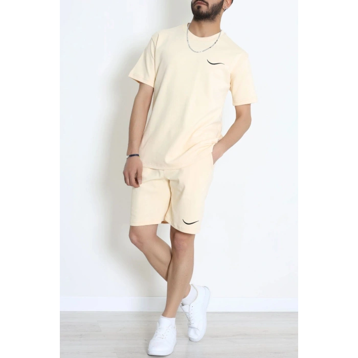 Double Face Özel Kumaş Oversize Erkek Şortlu Takım Bej - 80900.1837.