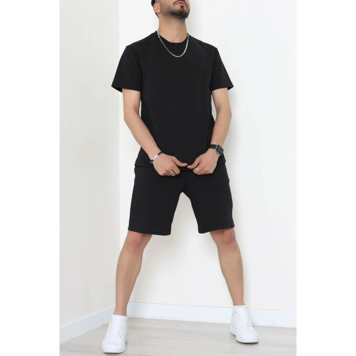 Double Face Özel Kumaş Oversize Erkek Şortlu Takım Siyah1 - 80900.1837.