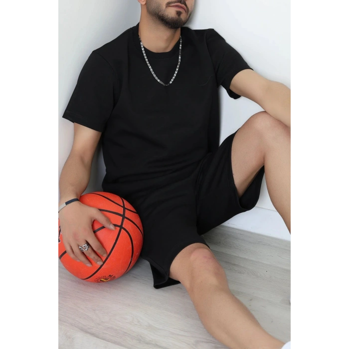 Double Face Özel Kumaş Oversize Erkek Şortlu Takım Siyah1 - 80900.1837.