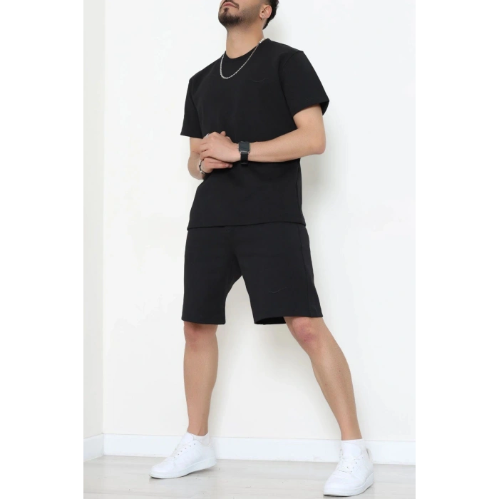 Double Face Özel Kumaş Oversize Erkek Şortlu Takım Siyah1 - 80900.1837.