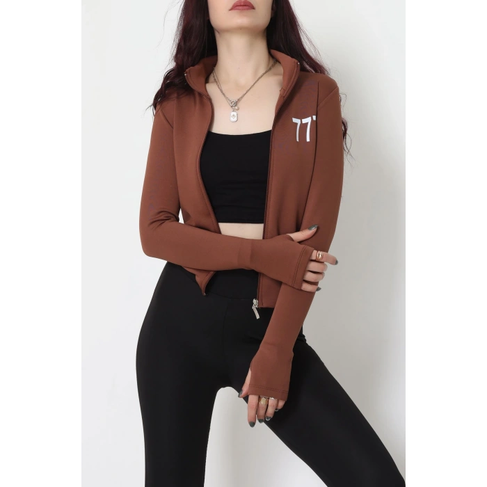 Double Krep Kumaş Parmak Geçmeli Baskılı Ceket Acıkahve - 42783.1567.