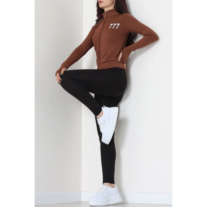 Double Krep Kumaş Parmak Geçmeli Baskılı Ceket Acıkahve - 42783.1567.